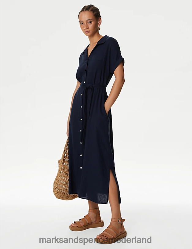 Marks & Spencer vrouwen Midi-overhemdjurk van linnenmix marine kleding N8VZP46