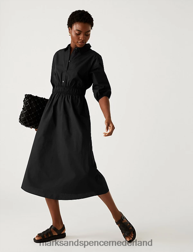 Marks & Spencer vrouwen Midi-overhemdjurk van puur katoen zwart kleding N8VZP2155
