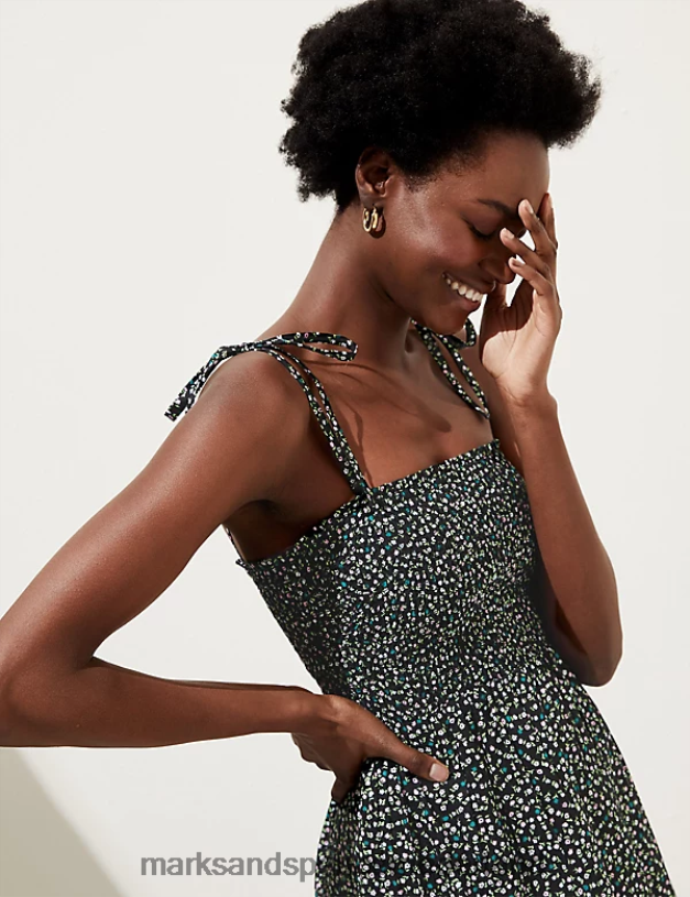 Marks & Spencer vrouwen Midi-strandjurk van zuiver katoen met print zwarte mix kleding N8VZP3046