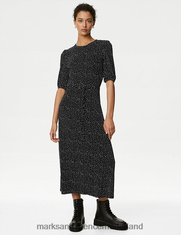 Marks & Spencer vrouwen Midi-theejurk met jersey print en riem zwarte mix kleding N8VZP985