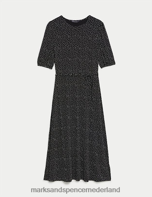 Marks & Spencer vrouwen Midi-theejurk met jersey print en riem zwarte mix kleding N8VZP985