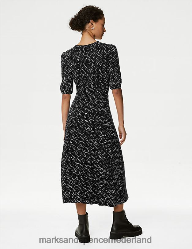 Marks & Spencer vrouwen Midi-theejurk met jersey print en riem zwarte mix kleding N8VZP985