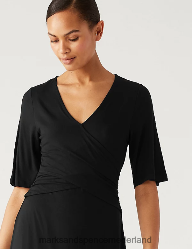 Marks & Spencer vrouwen Midi-wikkeljurk van jersey met v-hals zwart kleding N8VZP1463