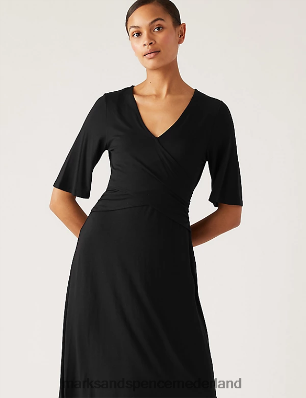 Marks & Spencer vrouwen Midi-wikkeljurk van jersey met v-hals zwart kleding N8VZP1463