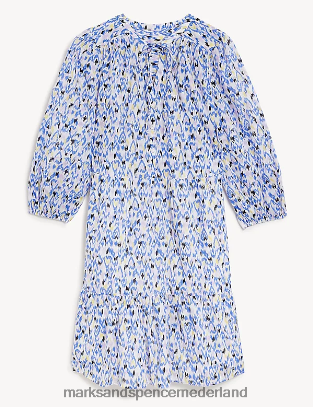 Marks & Spencer vrouwen Mini-jurk van puur katoen met print en gestrikte hals ivoor mix kleding N8VZP264