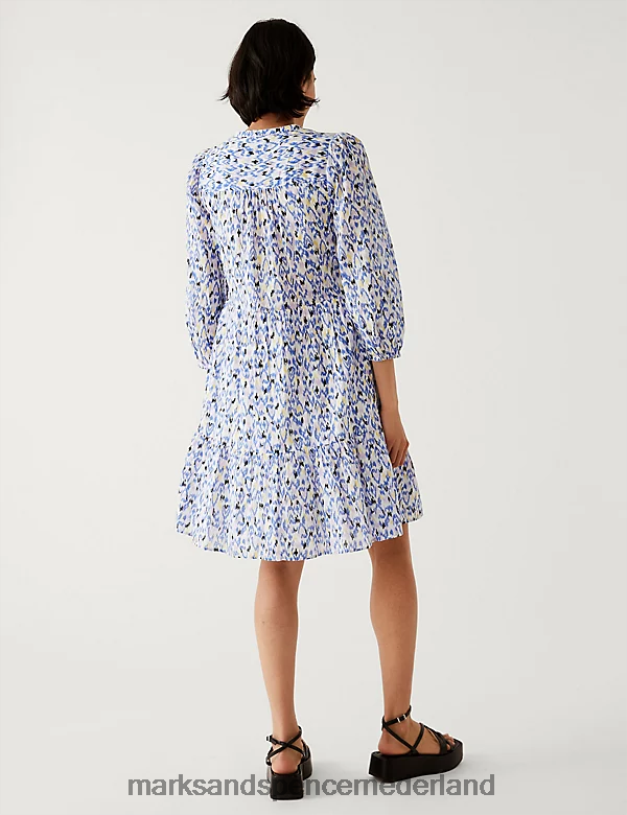 Marks & Spencer vrouwen Mini-jurk van puur katoen met print en gestrikte hals ivoor mix kleding N8VZP264