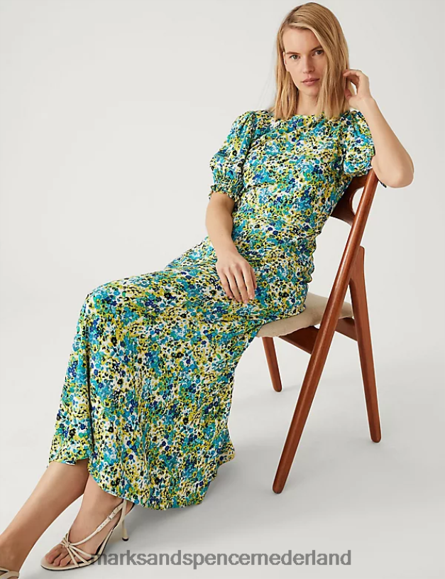 Marks & Spencer vrouwen gebloemde midaxi theejurk geel mengsel kleding N8VZP1064