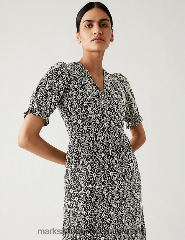 Marks & Spencer vrouwen katoenrijke, geborduurde midi-theejurk met bloemen zwarte mix kleding N8VZP1086
