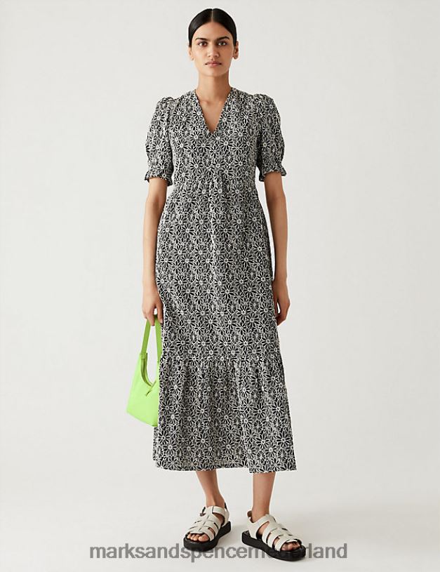 Marks & Spencer vrouwen katoenrijke, geborduurde midi-theejurk met bloemen zwarte mix kleding N8VZP1086