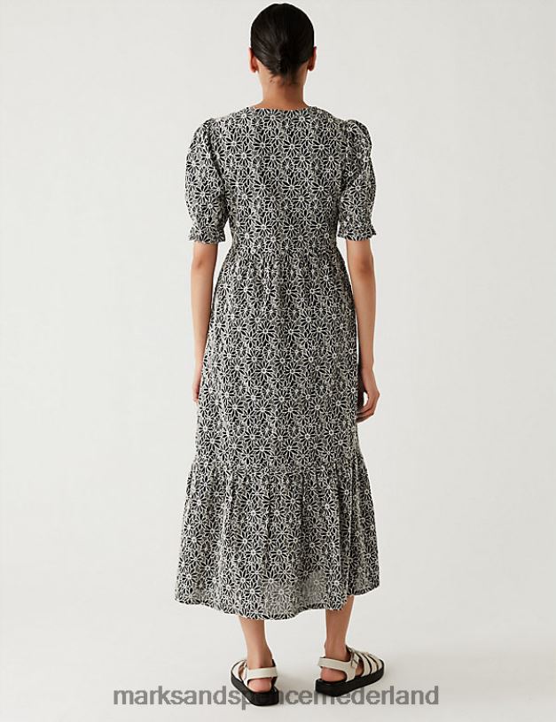 Marks & Spencer vrouwen katoenrijke, geborduurde midi-theejurk met bloemen zwarte mix kleding N8VZP1086