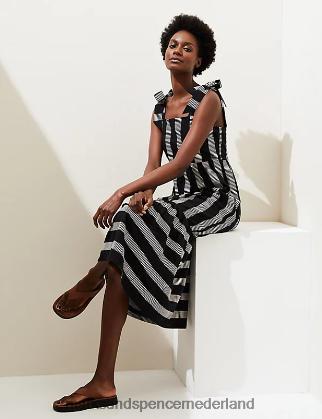 Marks & Spencer vrouwen katoenrijke gestreepte midaxi gelaagde jurk zwarte mix kleding N8VZP178