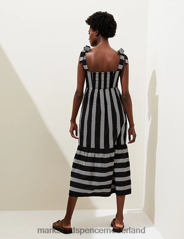 Marks & Spencer vrouwen katoenrijke gestreepte midaxi gelaagde jurk zwarte mix kleding N8VZP178