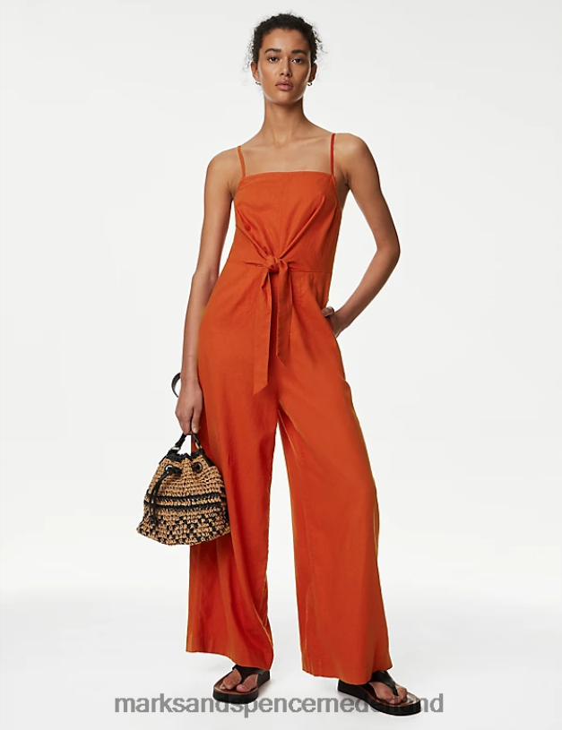 Marks & Spencer vrouwen linnen rijke jumpsuit met strikdetail koper kleding N8VZP2824