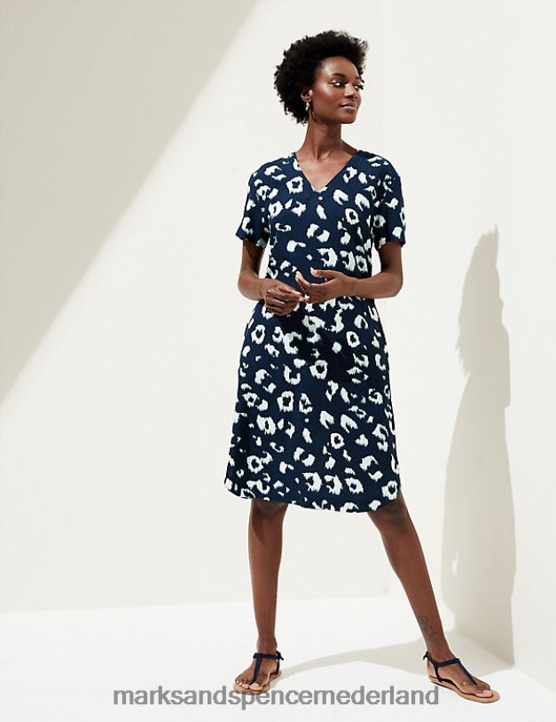 Marks & Spencer vrouwen linnenrijke midi-jurk met V-hals en print marine mix kleding N8VZP2466