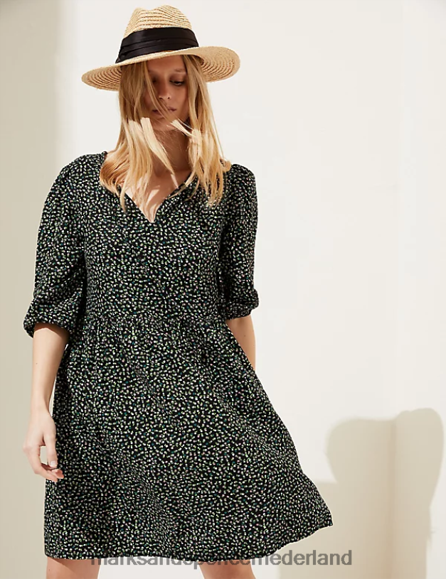 Marks & Spencer vrouwen linnenrijke mini-jurk met gebloemde strikhals zwarte mix kleding N8VZP2409