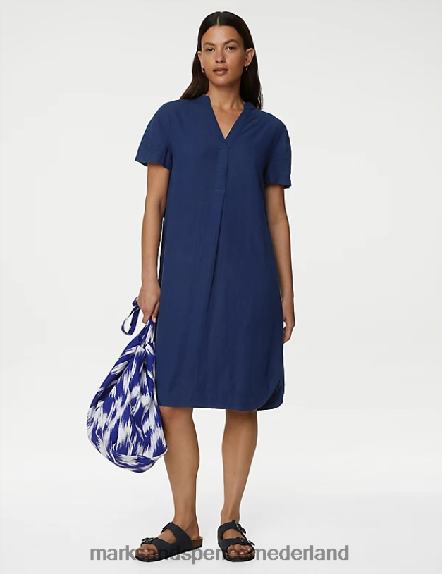 Marks & Spencer vrouwen linnenrijke shift-jurk met V-hals en korte mouwen inkt kleding N8VZP2260