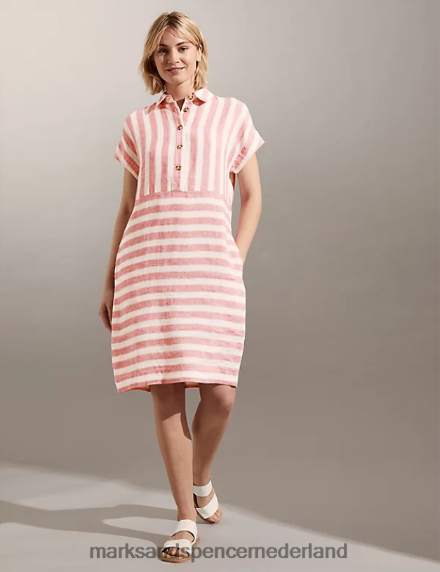 Marks & Spencer vrouwen puur linnen gestreepte knielange shiftjurk roze mix kleding N8VZP1852