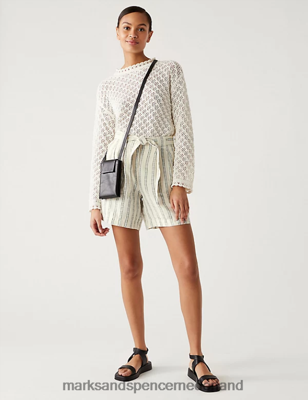 Marks & Spencer vrouwen puur linnen gestreepte short met hoge taille ecru mix kleding N8VZP2941