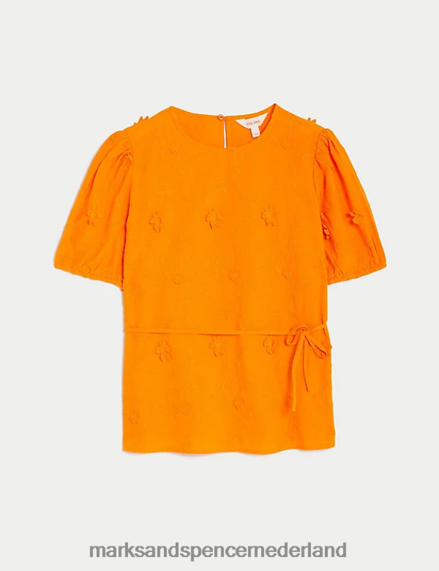 Marks & Spencer vrouwen Blouse van puur katoen met bloementextuur fel oranje kleding N8VZP832