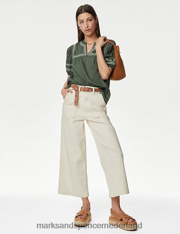 Marks & Spencer vrouwen Blouse van puur katoen met geborduurde inkeping bij de hals antiek groen kleding N8VZP972
