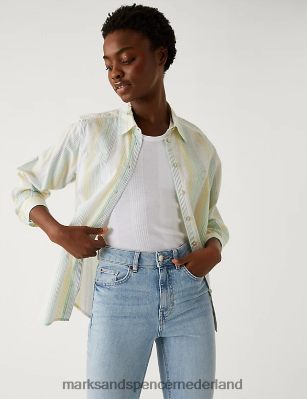 Marks & Spencer vrouwen Gestreept longline overhemd van puur katoen met kraag multi kleding N8VZP2447