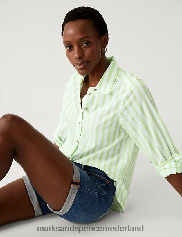 Marks & Spencer vrouwen Gestreept overhemd met normale pasvorm van puur katoen limoen kleding N8VZP2787