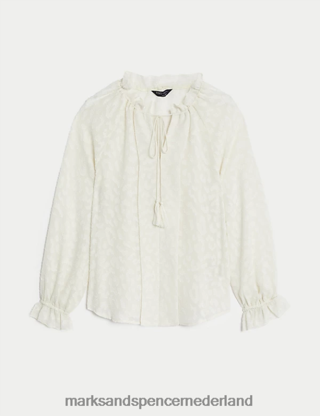 Marks & Spencer vrouwen Jacquard popoverblouse met gestrikte hals en ruches ivoor kleding N8VZP354