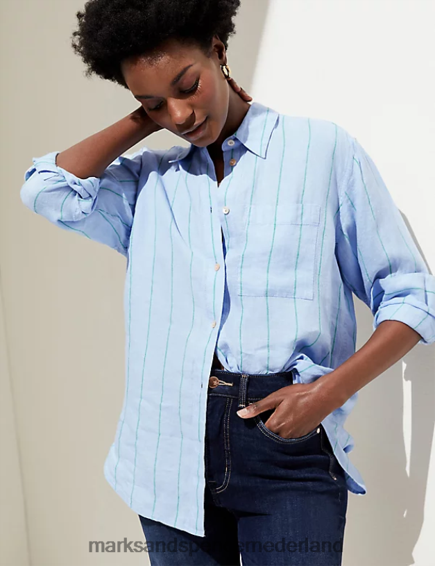 Marks & Spencer vrouwen Oversized overhemd van puur linnen middenblauwe mix kleding N8VZP1088