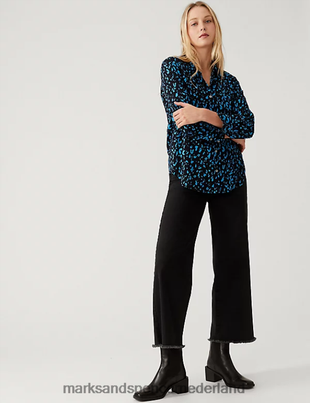 Marks & Spencer vrouwen Relaxed overhemd met print en kraag blauw mengsel kleding N8VZP2665