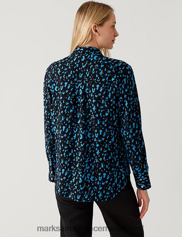 Marks & Spencer vrouwen Relaxed overhemd met print en kraag blauw mengsel kleding N8VZP2665