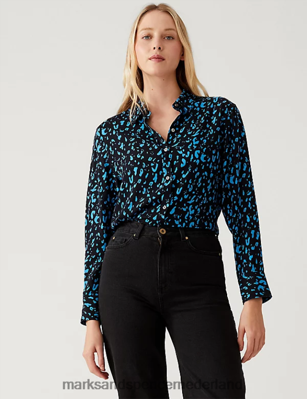 Marks & Spencer vrouwen Relaxed overhemd met print en kraag blauw mengsel kleding N8VZP2665