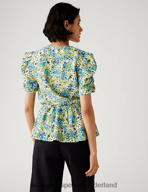 Marks & Spencer vrouwen Wikkeltop met V-hals en print groene mix kleding N8VZP1627