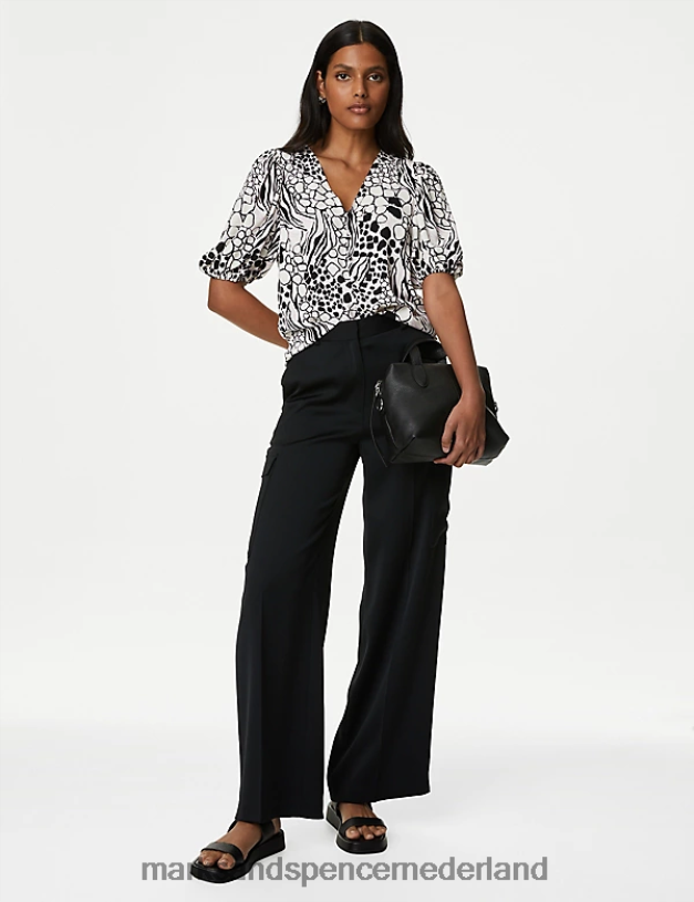 Marks & Spencer vrouwen blouse met V-hals en pofmouwen met print lichtroze mix kleding N8VZP909