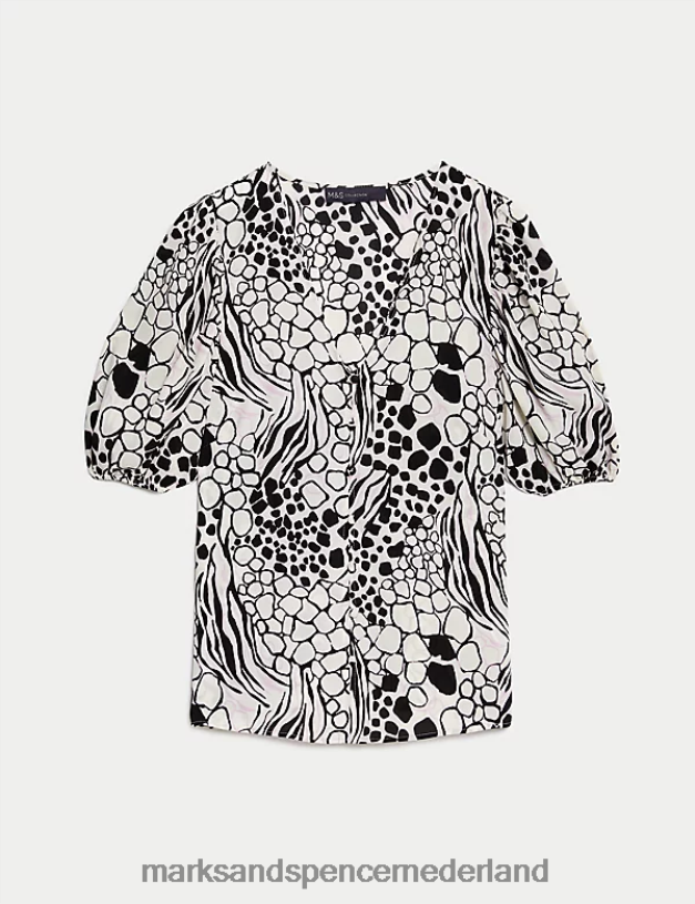 Marks & Spencer vrouwen blouse met V-hals en pofmouwen met print lichtroze mix kleding N8VZP909