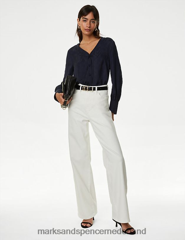 Marks & Spencer vrouwen blouse met bloemenjacquard en V-hals donker marine kleding N8VZP767