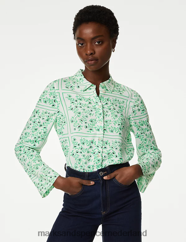 Marks & Spencer vrouwen blouse met bloemenkraag groene mix kleding N8VZP1358