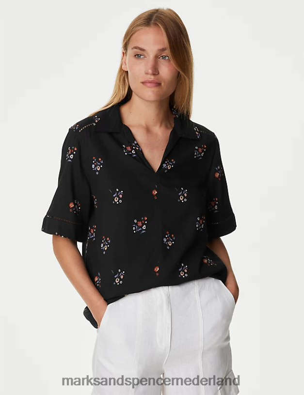 Marks & Spencer vrouwen blouse met bloemenkraag zwarte mix kleding N8VZP536