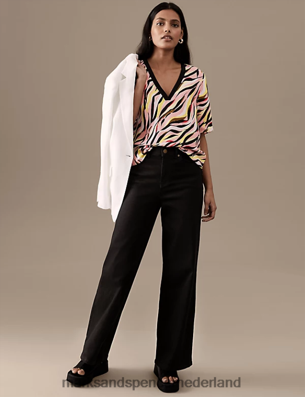 Marks & Spencer vrouwen blouse met cupro-rijke print en v-hals lichtroze mix kleding N8VZP1871