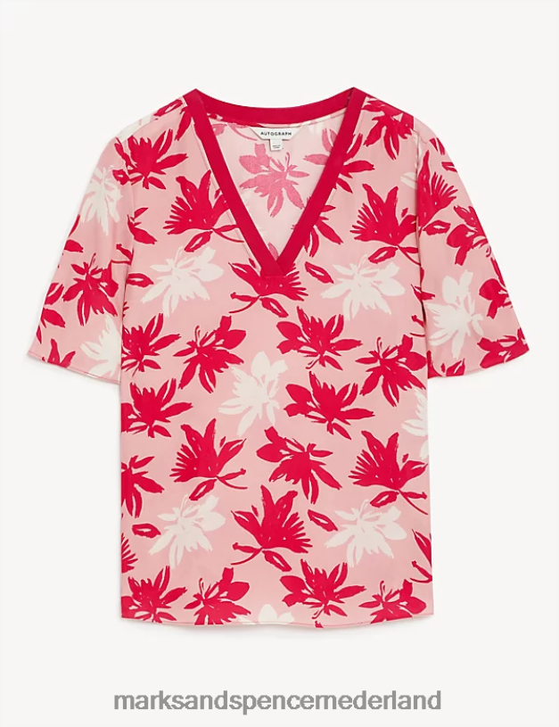 Marks & Spencer vrouwen blouse met cupro-rijke print en v-hals roze mix kleding N8VZP1872