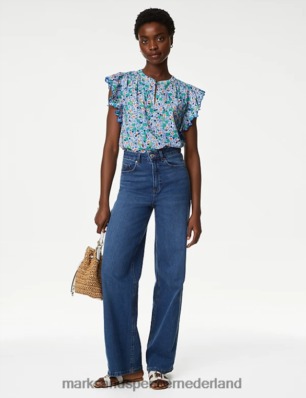 Marks & Spencer vrouwen blouse met gebloemde v-hals en ruches blauw mengsel kleding N8VZP708