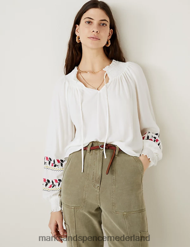 Marks & Spencer vrouwen blouse met geborduurde strikkraag ivoor mix kleding N8VZP1224