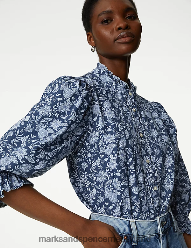 Marks & Spencer vrouwen blouse van puur katoen met bloemen en hoge hals blauw mengsel kleding N8VZP74
