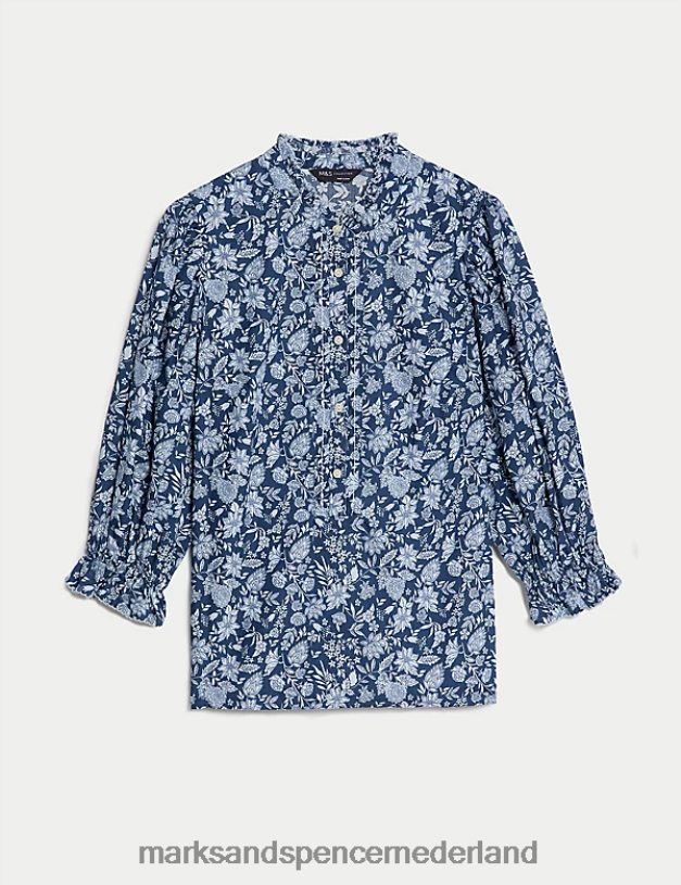 Marks & Spencer vrouwen blouse van puur katoen met bloemen en hoge hals blauw mengsel kleding N8VZP74