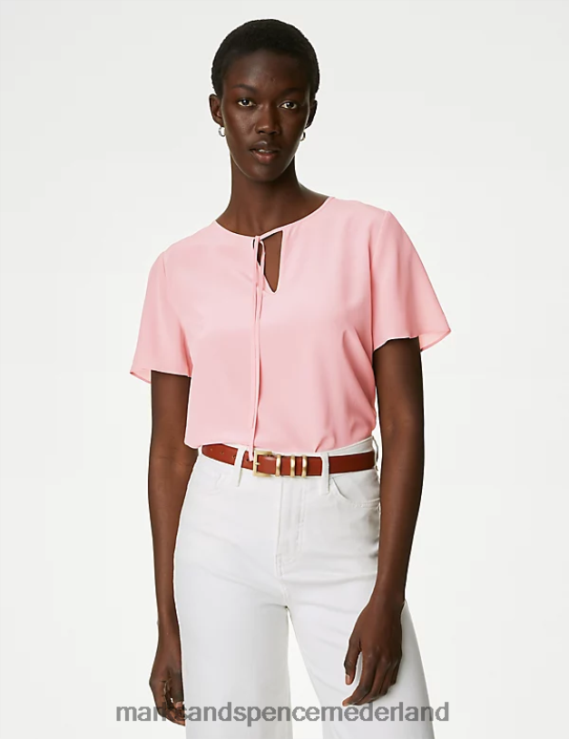Marks & Spencer vrouwen blouse van puur zijde met strikhals roze afgestoft kleding N8VZP31