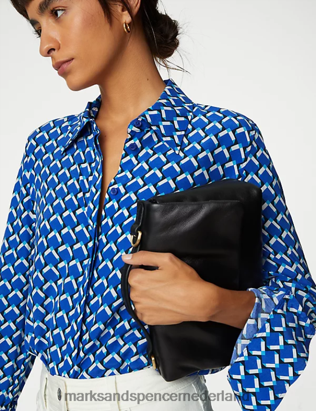 Marks & Spencer vrouwen cupro rijk overhemd met geometrische kraag blauw mengsel kleding N8VZP253