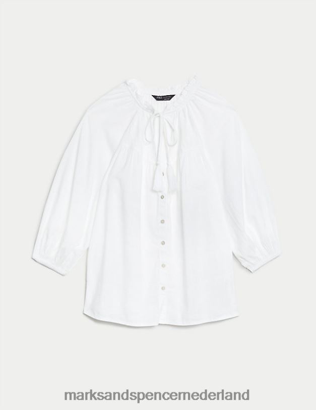 Marks & Spencer vrouwen katoenrijke blouse met geborduurde strikhals zacht wit kleding N8VZP1679
