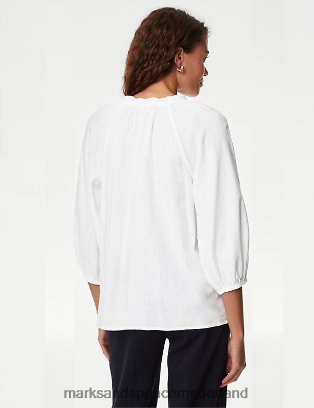 Marks & Spencer vrouwen katoenrijke blouse met geborduurde strikhals zacht wit kleding N8VZP1679