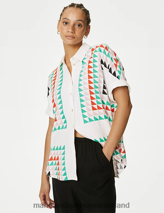 Marks & Spencer vrouwen linnenrijk bedrukt overhemd witte mix kleding N8VZP898