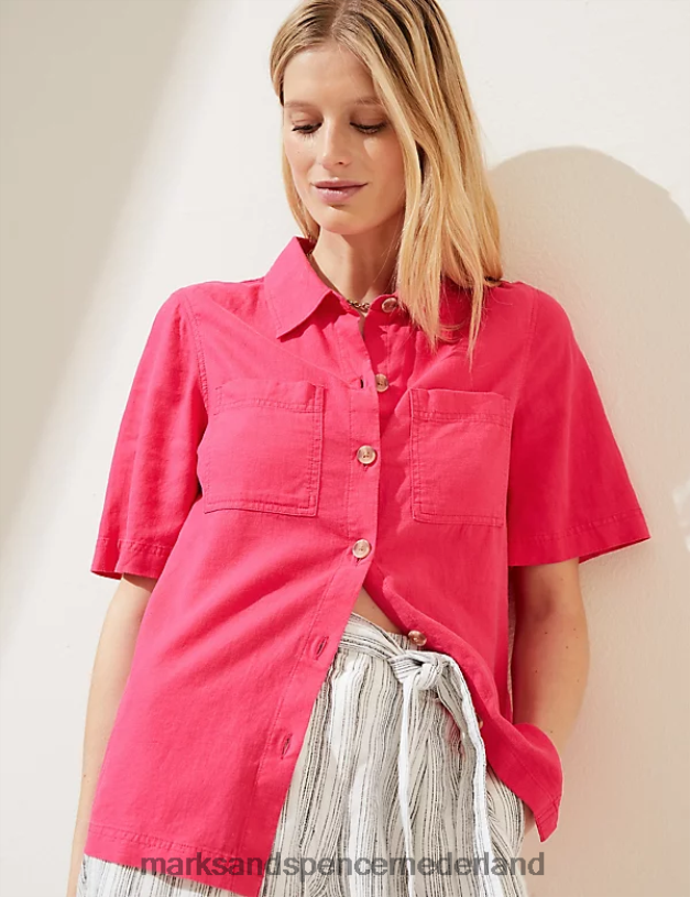 Marks & Spencer vrouwen linnenrijk utility-overhemd met kraag fuchsia kleding N8VZP2840