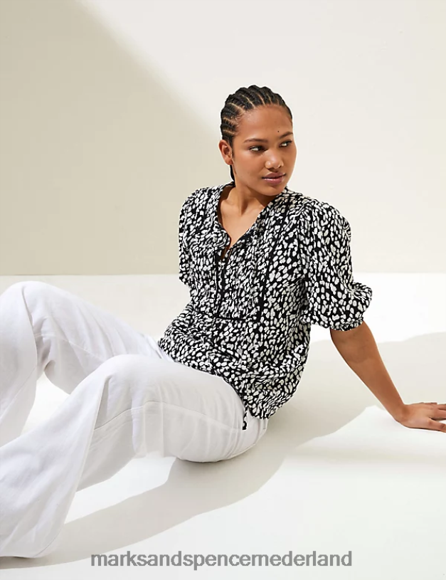 Marks & Spencer vrouwen linnenrijke blouse met pofmouwen en print zwarte mix kleding N8VZP1828